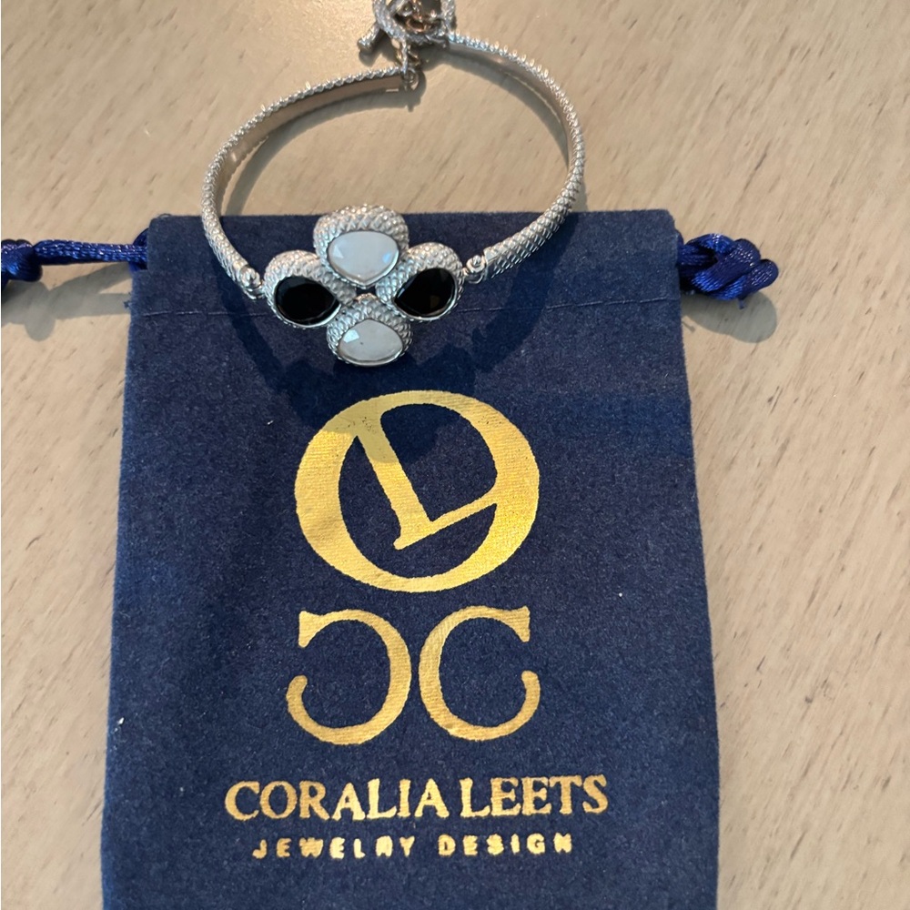 Coralia Leets clover shaped Silver, onyx and Opal Gemstone Bracelet